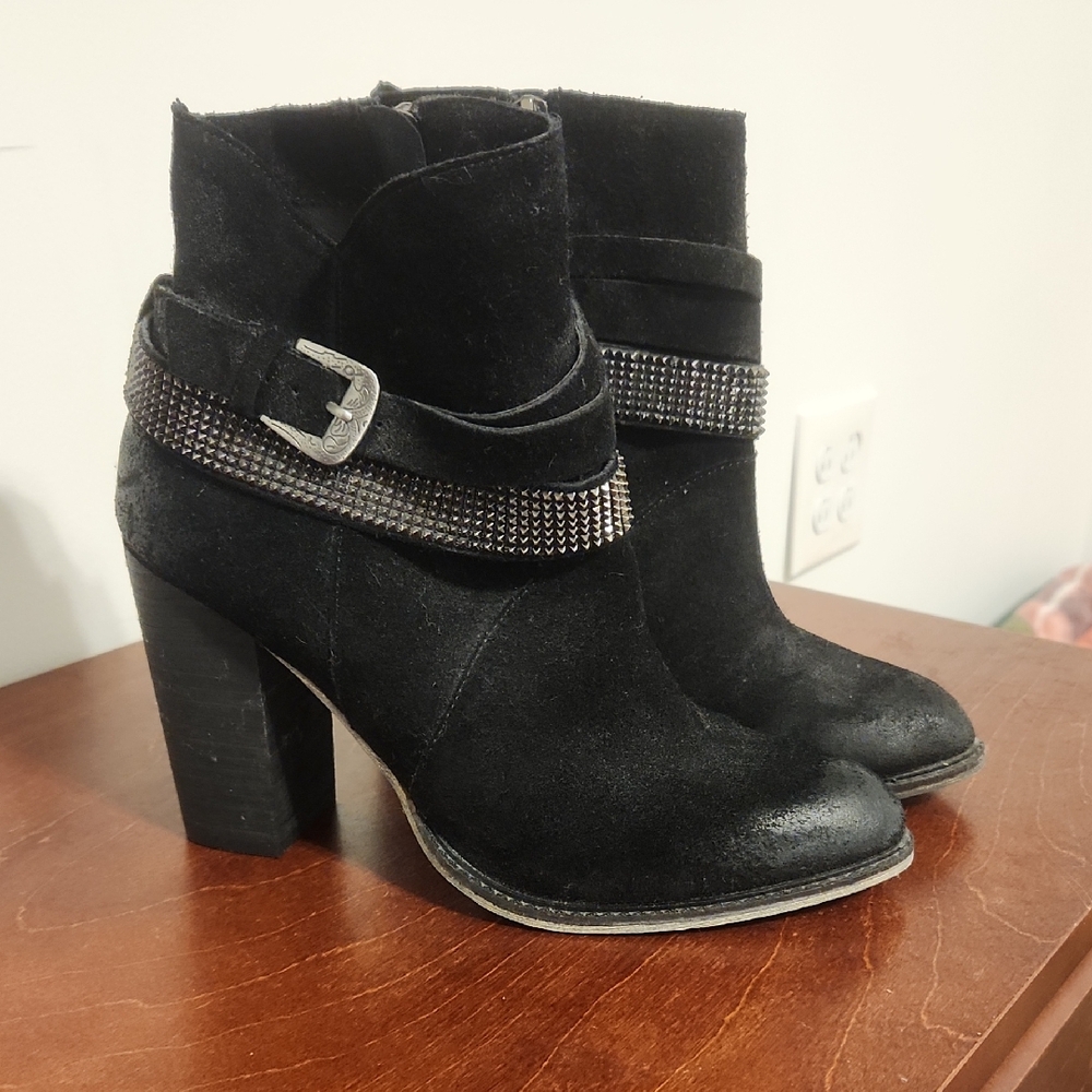Nine West Black Suede Ankle Booties with Studded Strap